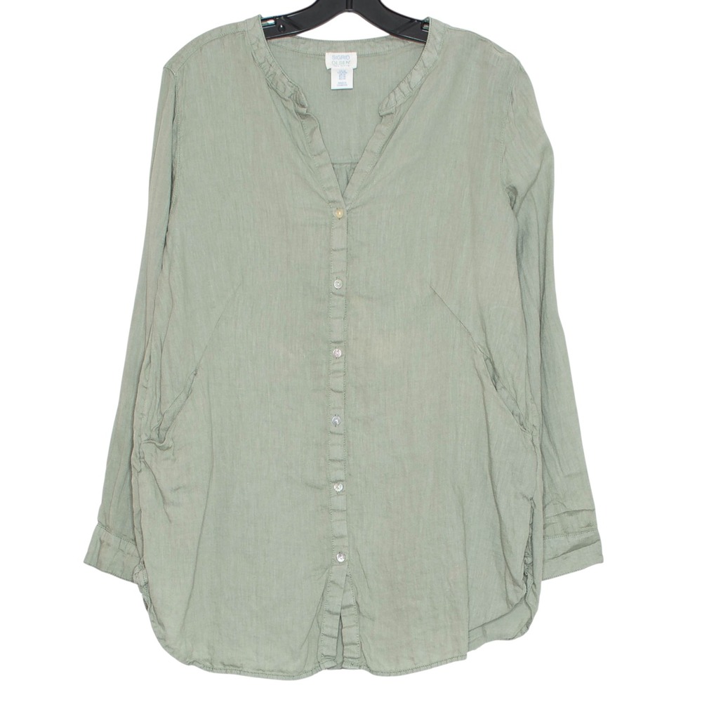 Sigrid Olsen Tunic Top Linen Button Up Coastal Lagenlook Minimalist Sage Green M